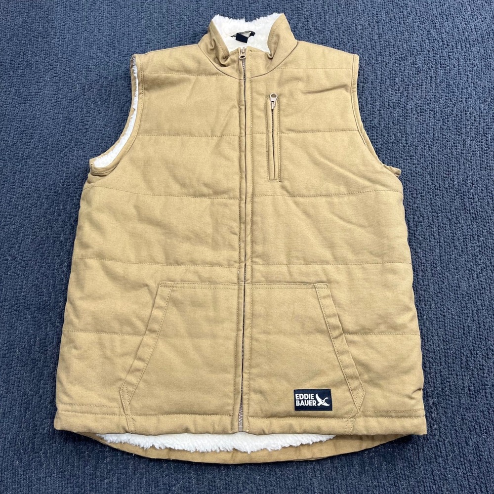 Eddie Bauer Kids Tan Canvas Sherpa Lined Quilted‎ Puffer Vest Size 14/16 XL